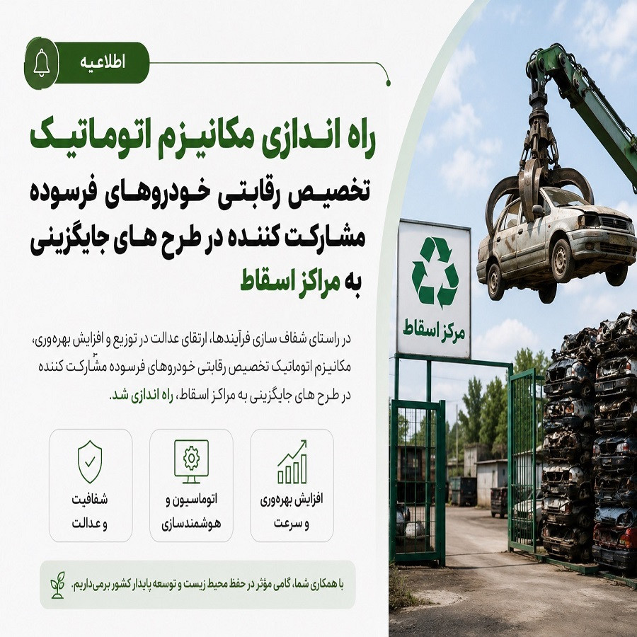 راه اندازی مکانیزم اتوماتیک تخصیص رقابتی خودروهای فرسوده مشارکت کننده در طرح های جایگزینی به مراکز اسقاط
